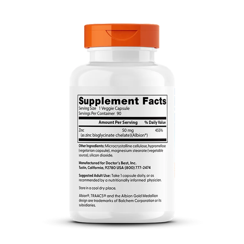 Doctor's Best High Absorption Zinc Bisglycinate, 100% Chelated, 50 mg, 90 Veggie Caps – Image 2